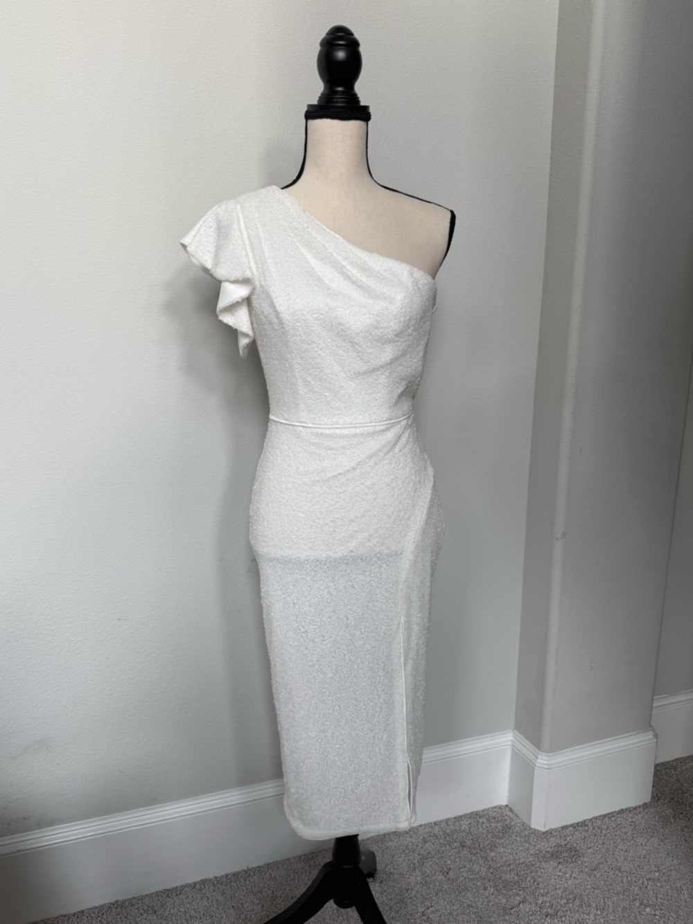 Ieena For Mac Duggal One-Shoulder White Sequin Midi Dress with Ruffle Sleeve